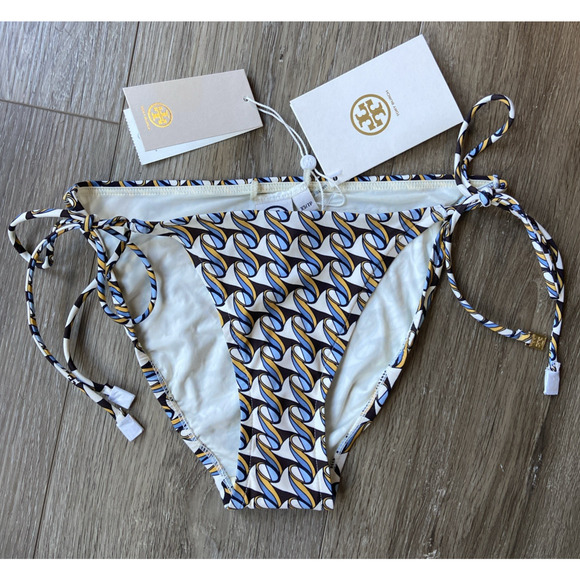 Tory Burch String Bikini Bottom Sz XS Ivory French Cream Ribbon Wave graphic NWT - Picture 1 of 13